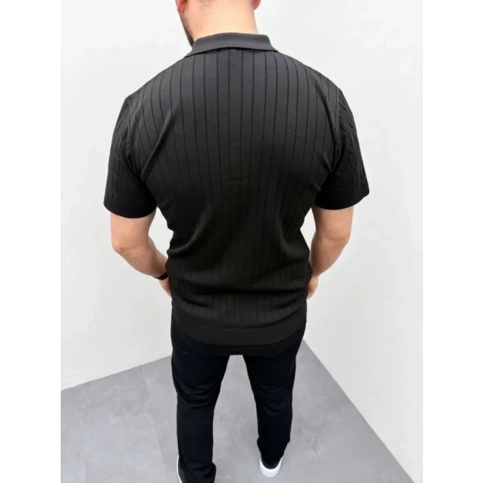 Erkek Yazlık Triko Saç Örgü Tişört Kısa Kol Polo Yaka Fermuarlı T-Shirt - Siyah
