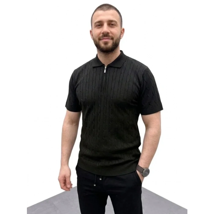 Erkek Yazlık Triko Saç Örgü Tişört Kısa Kol Polo Yaka Fermuarlı T-Shirt - Siyah