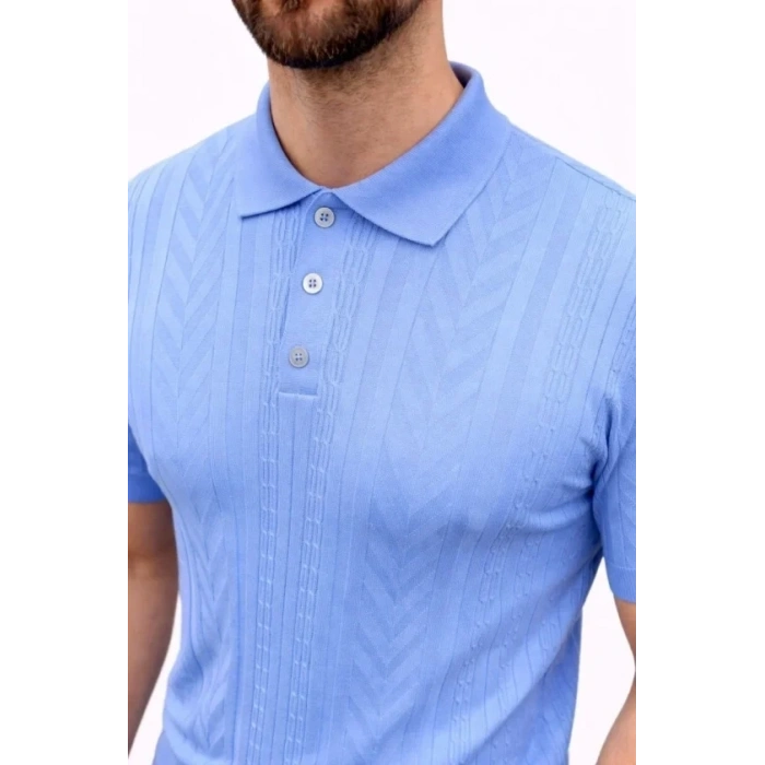 Erkek Yazlık Triko Tişört Kısa Kol Polo Yaka Düğmeli T-Shirt - Bebek Mavisi