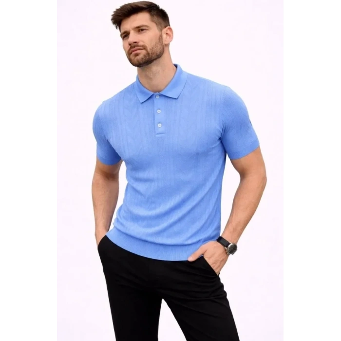 Erkek Yazlık Triko Tişört Kısa Kol Polo Yaka Düğmeli T-Shirt - Bebek Mavisi