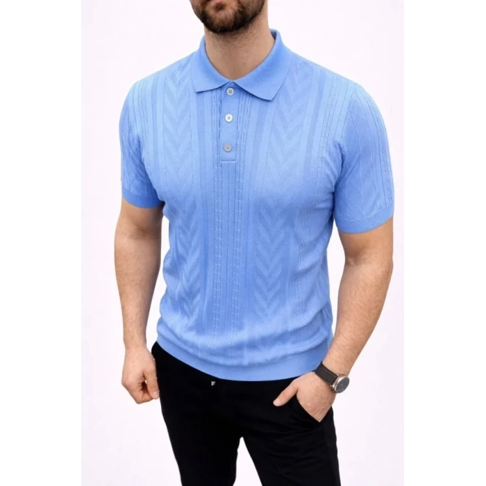 Erkek Yazlık Triko Tişört Kısa Kol Polo Yaka Düğmeli T-Shirt - Bebek Mavisi