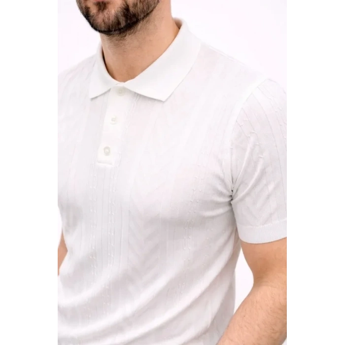 Erkek Yazlık Triko Tişört Kısa Kol Polo Yaka Düğmeli T-Shirt - Beyaz