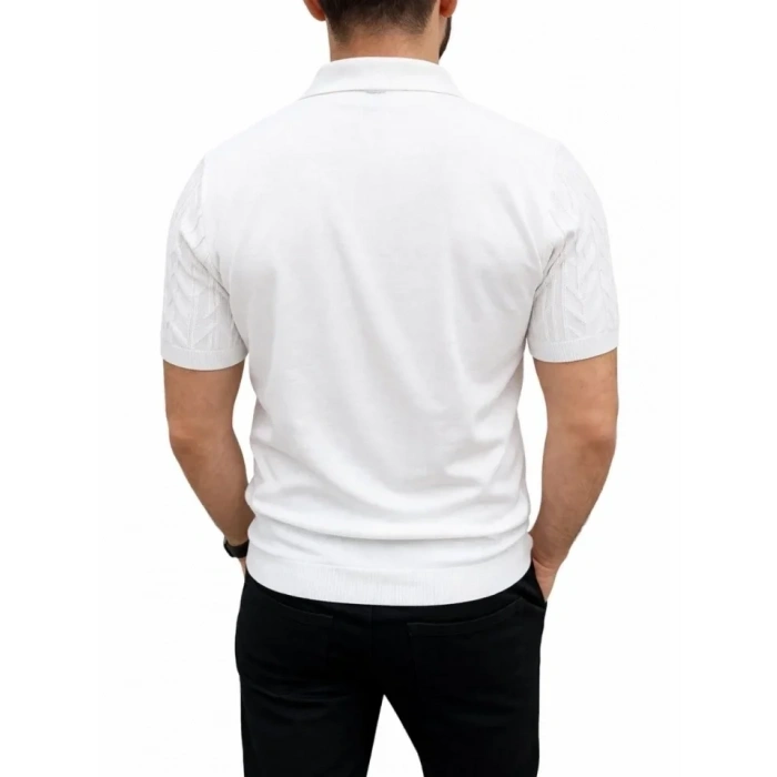 Erkek Yazlık Triko Tişört Kısa Kol Polo Yaka Düğmeli T-Shirt - Beyaz