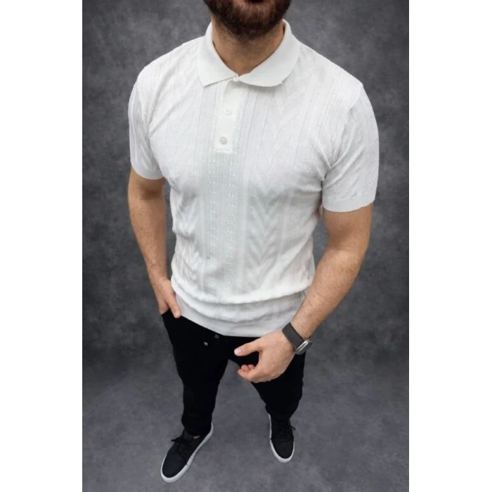 Erkek Yazlık Triko Tişört Kısa Kol Polo Yaka Düğmeli T-Shirt - Beyaz