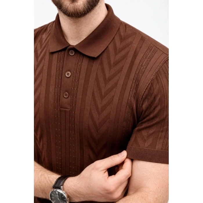 Erkek Yazlık Triko Tişört Kısa Kol Polo Yaka Düğmeli T-Shirt - Kahverengi