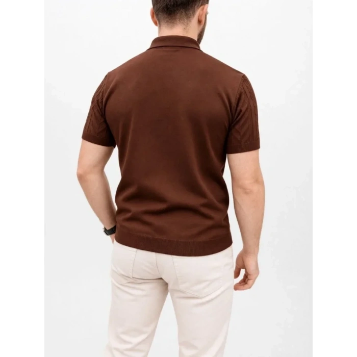 Erkek Yazlık Triko Tişört Kısa Kol Polo Yaka Düğmeli T-Shirt - Kahverengi