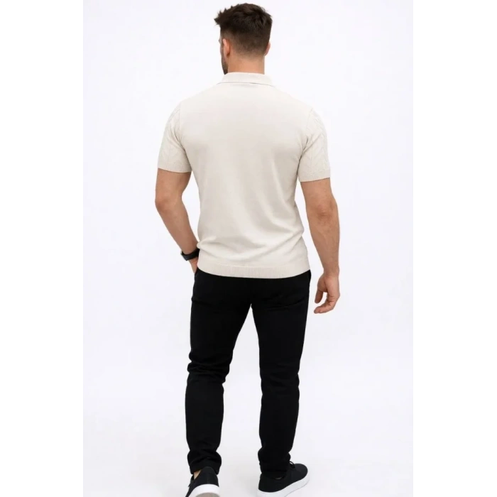 Erkek Yazlık Triko Tişört Kısa Kol Polo Yaka Düğmeli T-Shirt - Krem