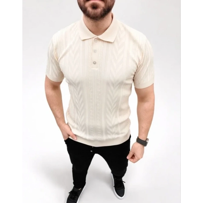 Erkek Yazlık Triko Tişört Kısa Kol Polo Yaka Düğmeli T-Shirt - Krem