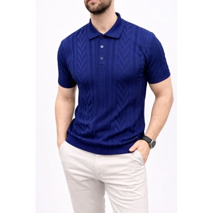 Erkek Yazlık Triko Tişört Kısa Kol Polo Yaka Düğmeli T-Shirt - Lacivert