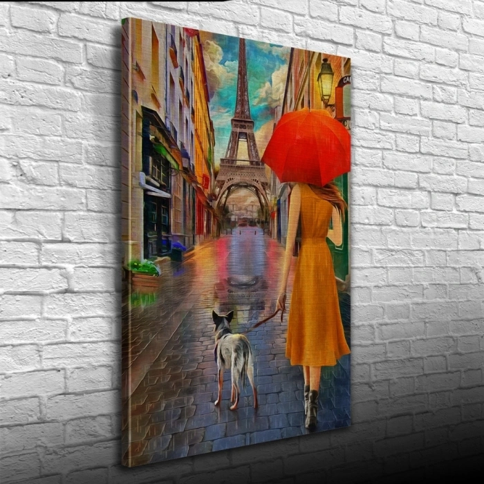 Eyfel Kulesi önünde Kırmızı Şemsiyeli Kadın Yağlıboya Kanvas Tablo 50 x 70