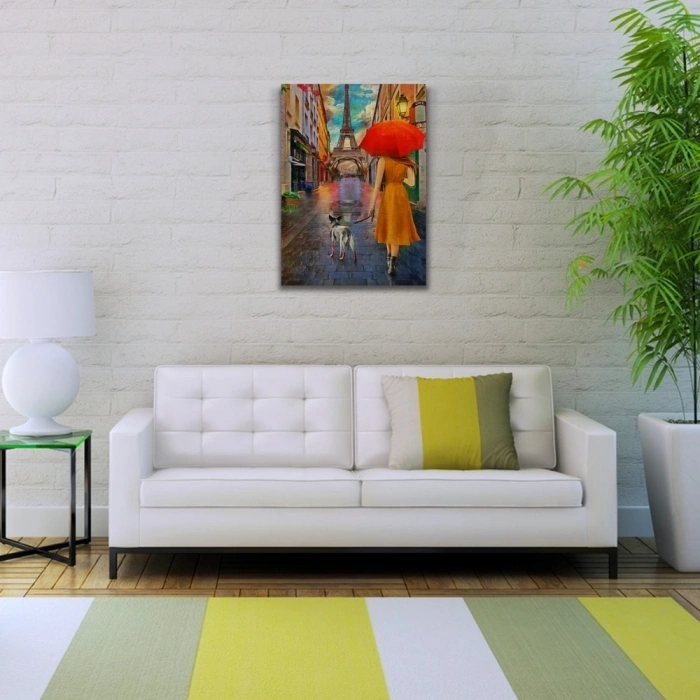 Eyfel Kulesi önünde Kırmızı Şemsiyeli Kadın Yağlıboya Kanvas Tablo 50 x 70