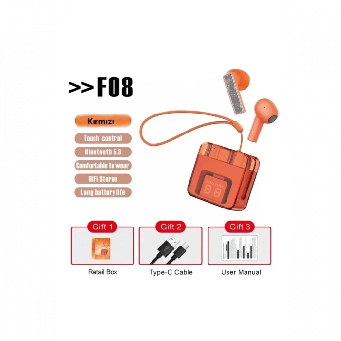F08 Dijital Şarj Göstergeli TWS Bluetooth Kulaklık - Kırmızı