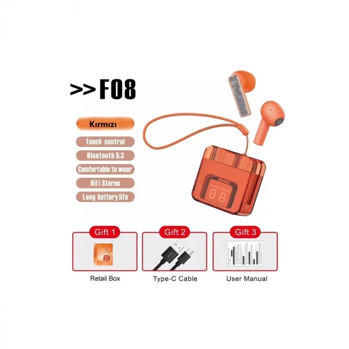 F08 Dijital Şarj Göstergeli TWS Bluetooth Kulaklık - Kırmızı