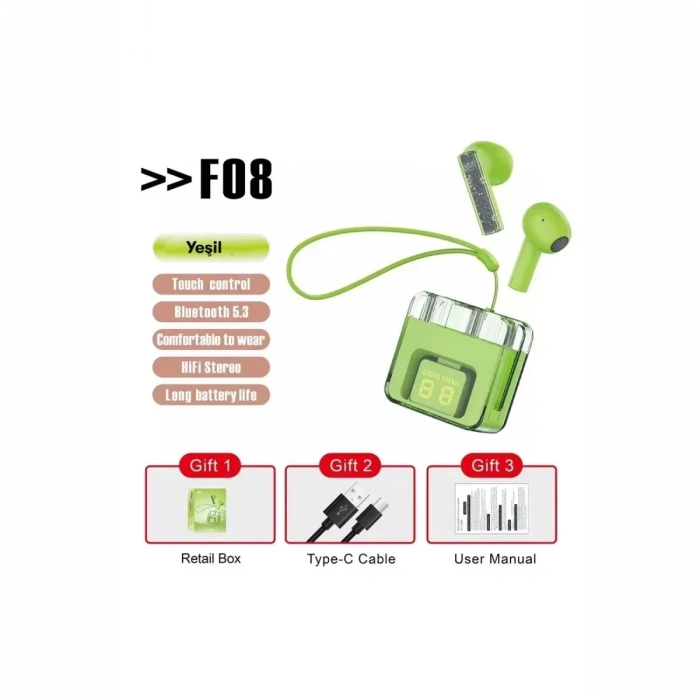 F08 Dijital Şarj Göstergeli TWS Bluetooth Kulaklık - Yeşil