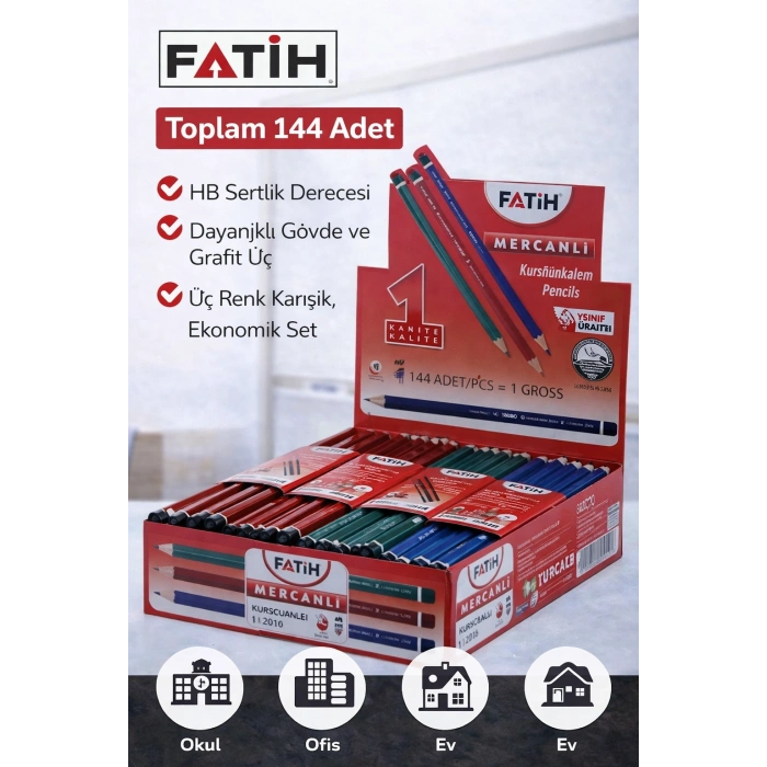 Fatih Mercanlı 12010 HB Kurşun Kalem Silgisiz 144 Adet Karışık Renk
