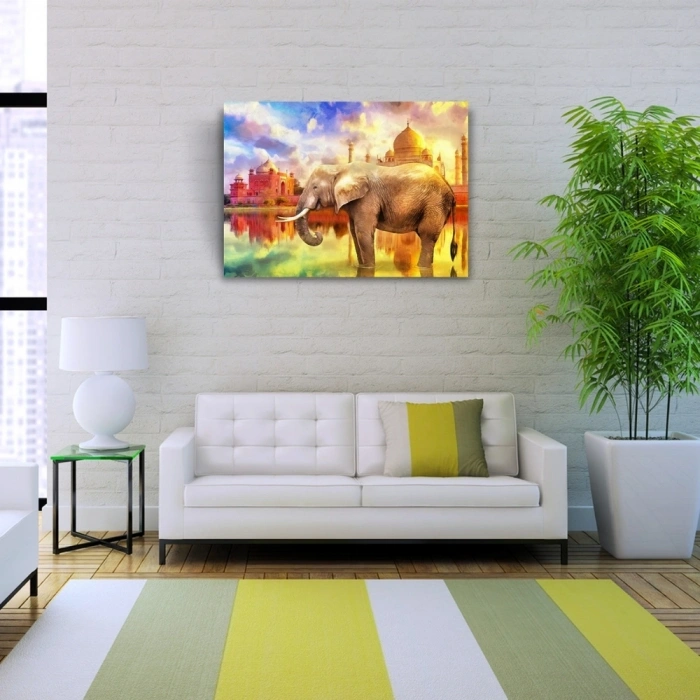 Fil ve  Arkada Geleneksel Hint Yapıları Kanvas Tablo 50 x 70