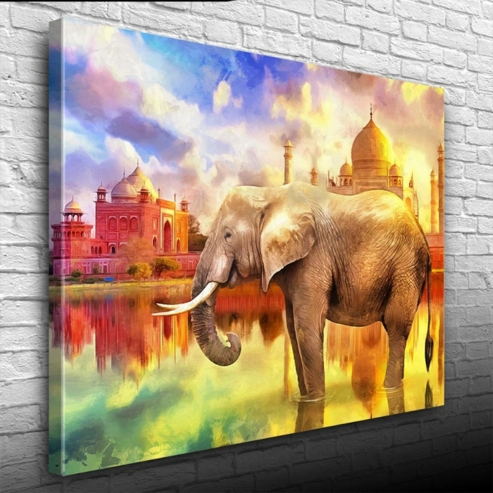 Fil ve  Arkada Geleneksel Hint Yapıları Kanvas Tablo 50 x 70