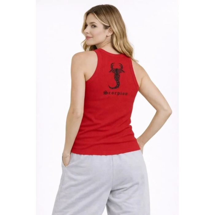 Fitilli Atlet Sıfır Yaka Slim Fit Arka Baskılı Spor Atlet - Kırmızı