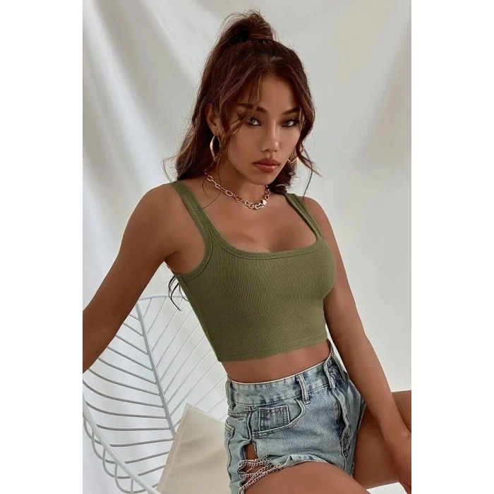 Fitilli Kalın Askılı Pamuklu Örme Crop Bej