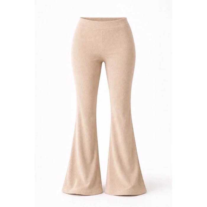 Fitilli Kaşkorse İspanyol Paça Tayt Yüksek Bel Esnek Günlük Rahat Pantolon - Bej