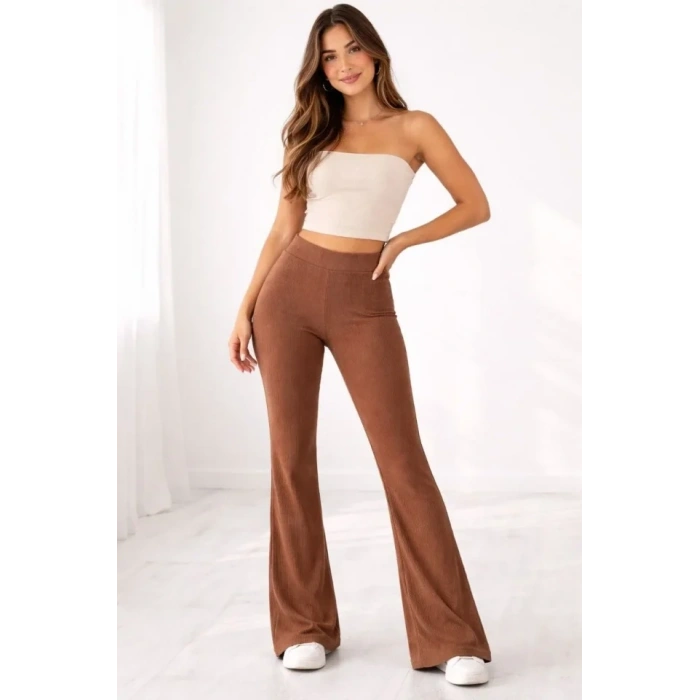 Fitilli Kaşkorse İspanyol Paça Tayt Yüksek Bel Esnek Günlük Rahat Pantolon - Kahverengi