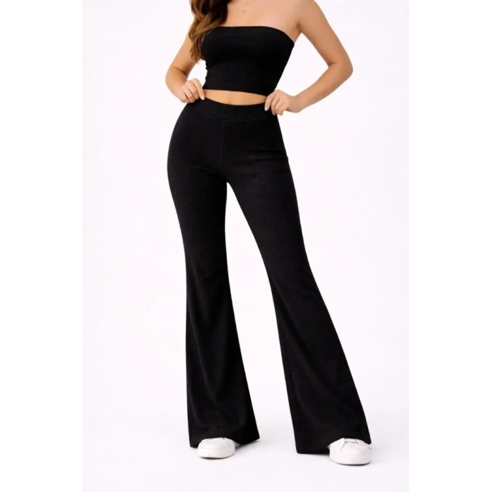 Fitilli Kaşkorse İspanyol Paça Tayt Yüksek Bel Esnek Günlük Rahat Pantolon - Siyah