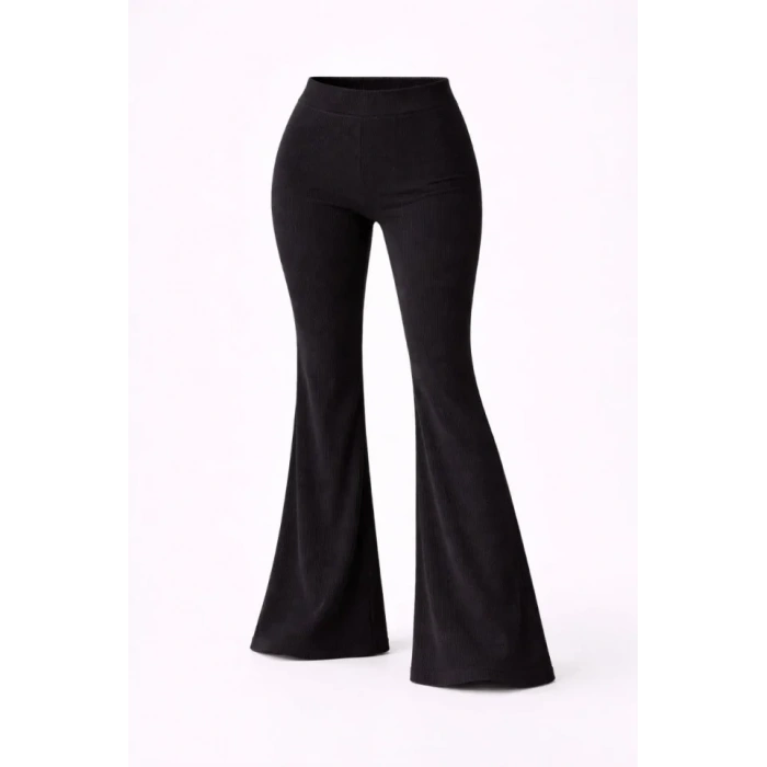 Fitilli Kaşkorse İspanyol Paça Tayt Yüksek Bel Esnek Günlük Rahat Pantolon - Siyah