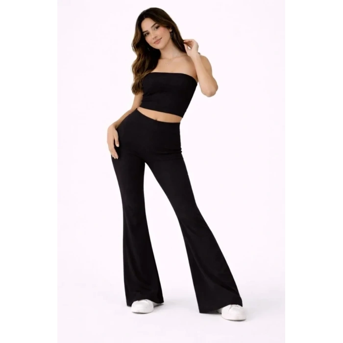 Fitilli Kaşkorse İspanyol Paça Tayt Yüksek Bel Esnek Günlük Rahat Pantolon - Siyah