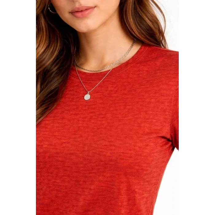 Flam Kumaş Melanj Dokulu Regular Fit Tişört Bisiklet Yaka Yazlık T-Shirt - Kiremit