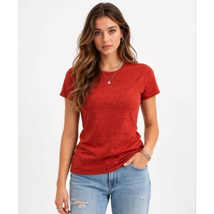 Flam Kumaş Melanj Dokulu Regular Fit Tişört Bisiklet Yaka Yazlık T-Shirt - Kiremit