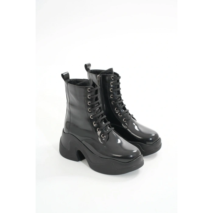 FZ-2550 Siyah Rugan Yüksek Tabanlı Bağcıklı Fermuarlı Günlük Kadın Bot