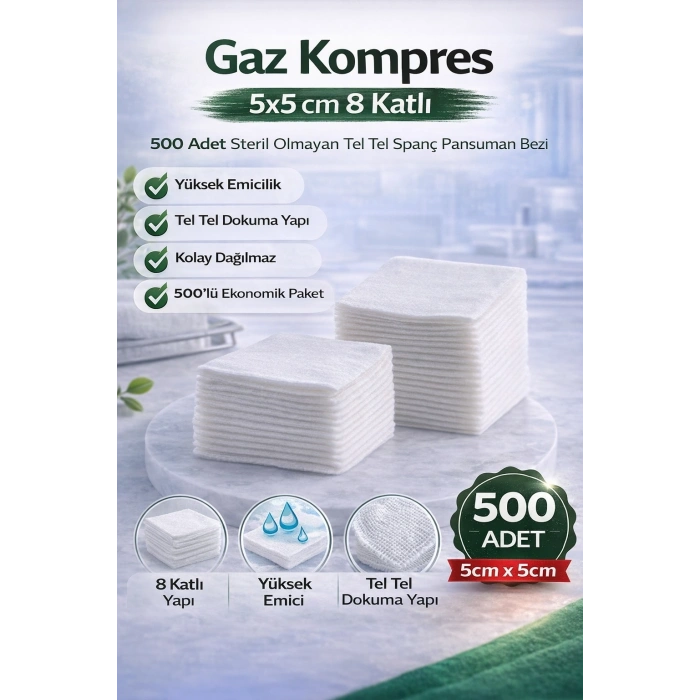 Gaz Kompres 5x5 cm 8 Katlı 500 Adet Steril Olmayan Tel Tel Spanç Pansuman Bezi