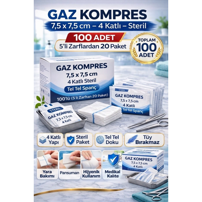 Gaz Kompres 7,5x7,5 cm 4 Katlı Steril 100 Adet Tel Tel Spanç (5’li Zarflardan 20 Paket)1 KUTU