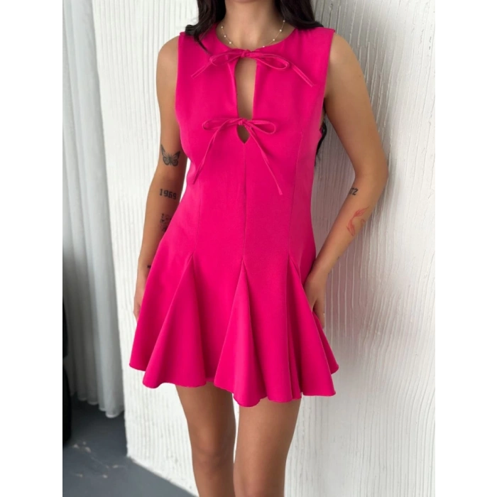 Göğüs Bağlamalı Kolsuz Mini Boy Elbise - Pembe