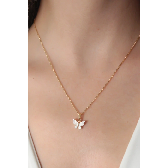 Gold Beyaz Renk Kelebek Figür Kadın Kolye