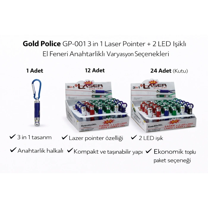 Gold Police GP-001 3 in 1 Laser Pointer + 2 LED Işıklı El Feneri Anahtarlıklı 1 Adet