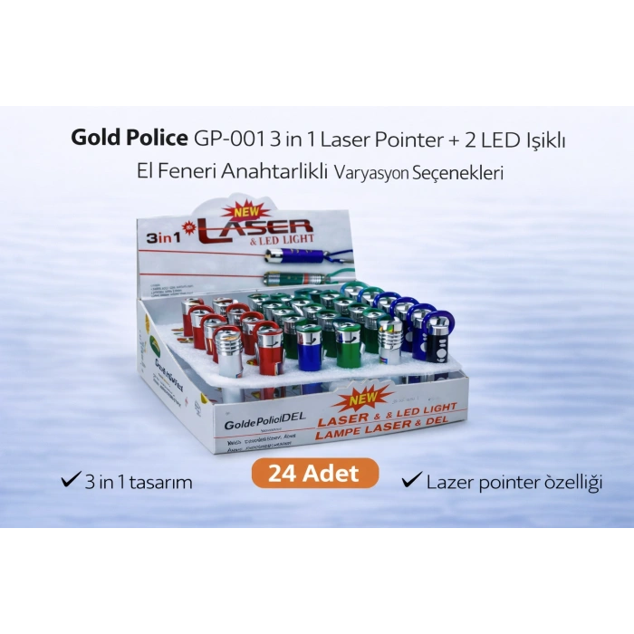 Gold Police GP-001 3 in 1 Laser Pointer + 2 LED Işıklı El Feneri Anahtarlıklı 24 Adet