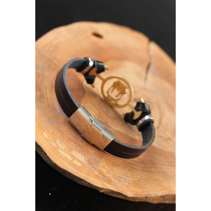 Gold Renk Baykuşlu Metal Aksesuarlı Siyah Renk Deri Erkek Bileklik