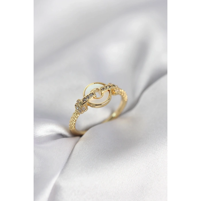 Gold Renk Daire Form Sedef ve Zirkon Taşlı Kadın Yüzük