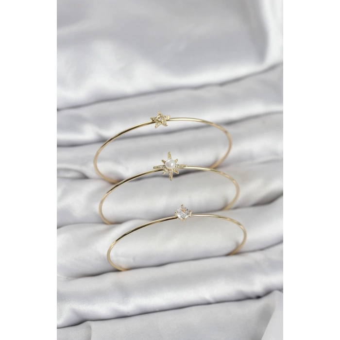 Gold Renk Kutup Yıldızı Model Zirkon Taşlı 3lü Kadın Bileklik Kombini