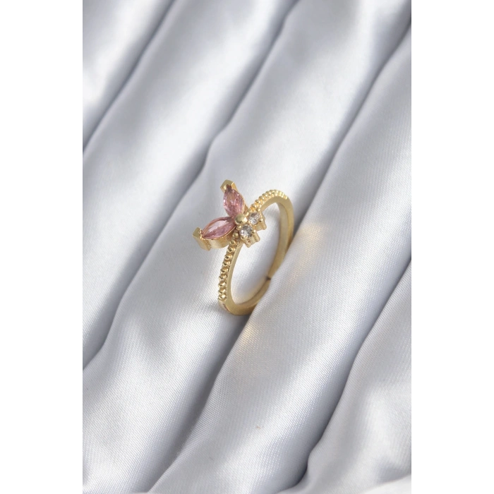 Gold Renk Pembe Zirkon Taşlı Kelebek Model Kadın Yüzük