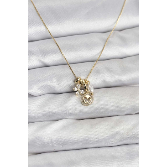 Gold Renk Pirinç Minimal Kelebek Charmlı Kadın Kolye