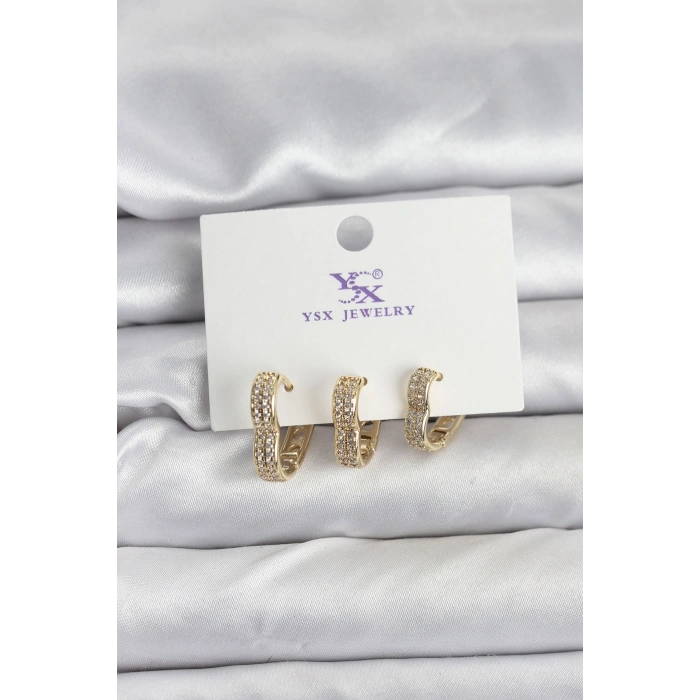 Gold Renk Pirinç Zirkon Taşlı Kalpli Kadın Küpe