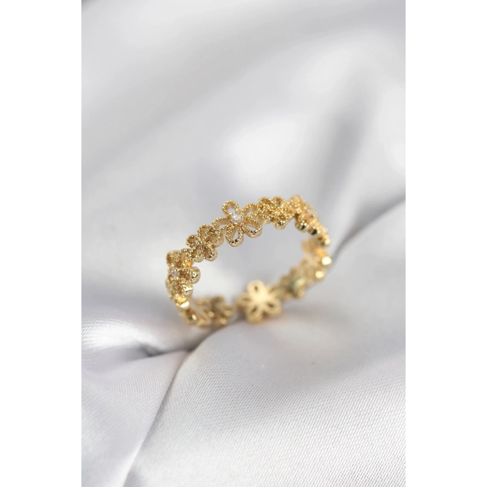 Gold Renk Sıralı Çiçek Model Zirkon Taşlı Kadın Yüzük