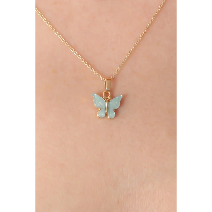 Gold Renk Su Yeşili Kelebek Figür Kadın Kolye