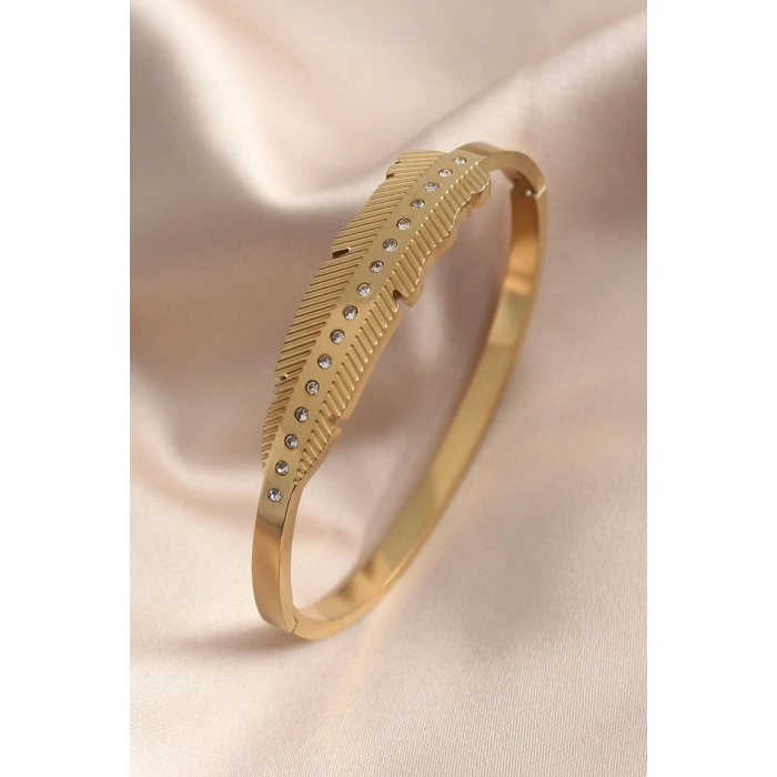 Gold Renk Yaprak Model Zirkon Taş Detay Kelepçe Kadın Bileklik