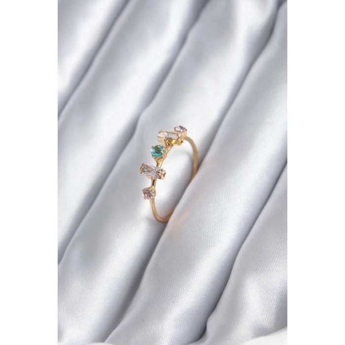 Gold Renk Zirkon Taşlı Renkli Zirkon Taşlı Kadın Yüzük