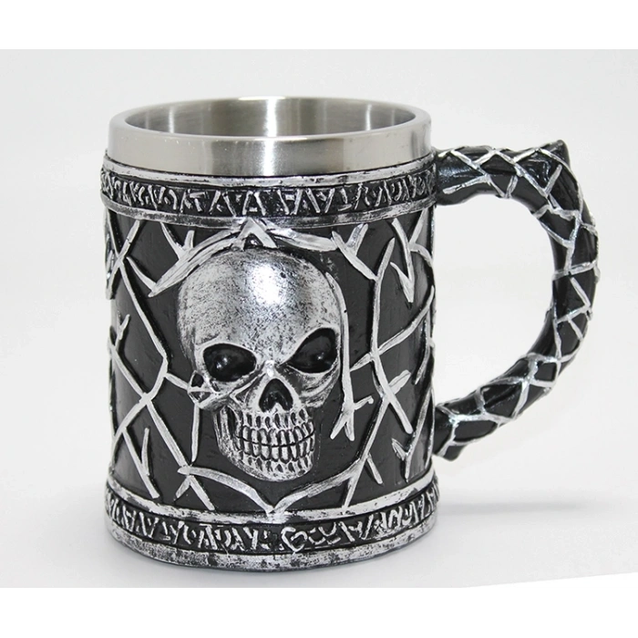 Gotik Kurukafa 3D Kabartmalı Paslanmaz Çelik Kupa Bardak