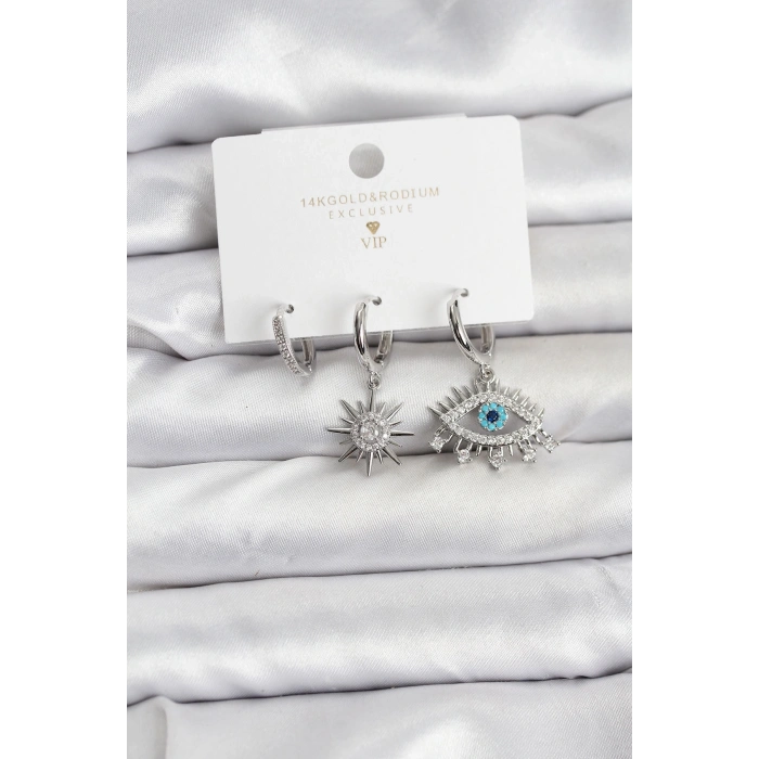 Göz Model Gümüş Renk Pirinç 3lü Kadın Küpe Seti