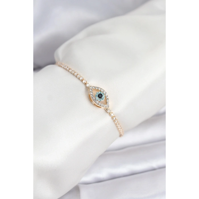 Göz Model Zirkon Taşlı Gold Renk Asansörlü Su Yolu Bileklik